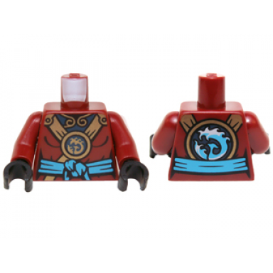 dark red torso ninjago female outline with gold straps round emblem dark azure knotted sash and dark blue undershirt pattern dark red arms black hands