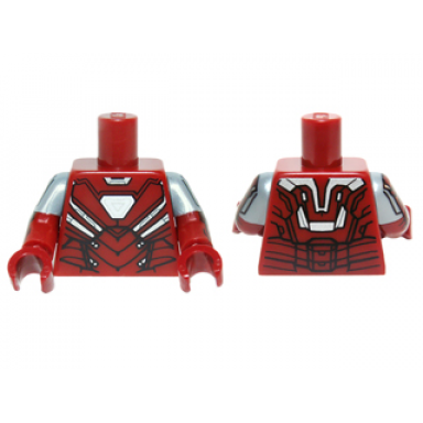 dark red torso armor with white hexagonal reactor and black and silver plates pattern dark red arms with iron man armor pattern dark red hands