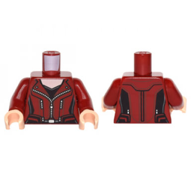 dark red torso female outline leather jacket with black panels with silver zippers over black tank top pattern dark red arms light nougat hands