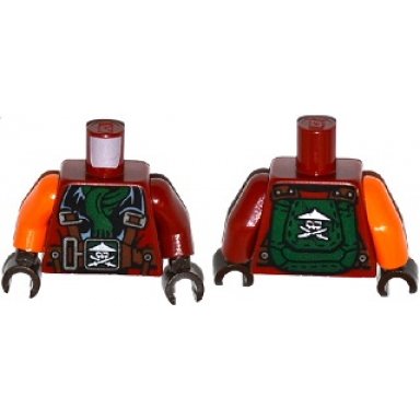 dark red torso ninjago parachute with straps ninja skull with crossed swords green scarf pattern dark red arm left orange arm right dark brown hands