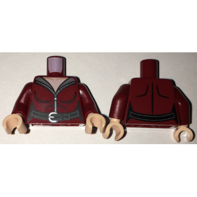 dark red torso female top with gray collar zipper and black belt front and back pattern dark red arms light nougat hands
