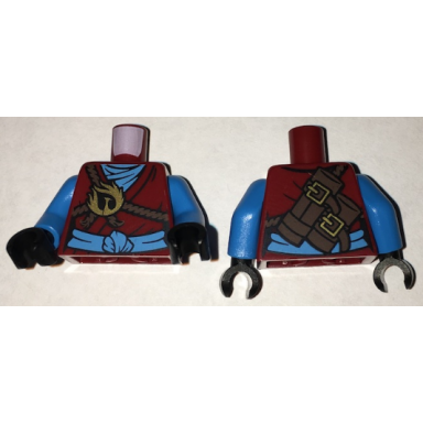 dark red torso ninjago brown rope gold phoenix medallion and dark azure sash front scabbards on back pattern dark azure arms black hands
