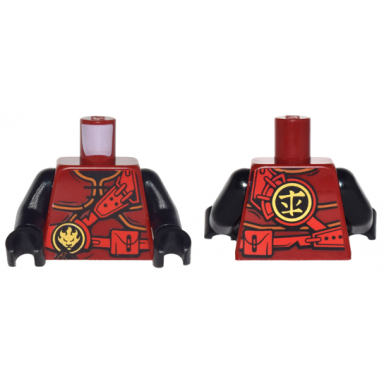 dark red torso ninjago armor with red straps and utility belt with fire power emblem pattern black arms black hands