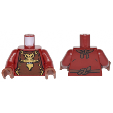 dark red torso ninjago reddish brown armor with ties gold buckles and dragon head emblem pattern dark red arms reddish brown hands