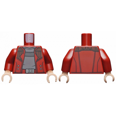 dark red torso open jacket over light bluish gray shirt and belt with silver buckle pattern dark red arms light nougat hands