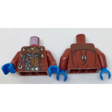 dark red torso open jacket with badge over reddish brown shirt and harness pattern dark red arms dark azure hands