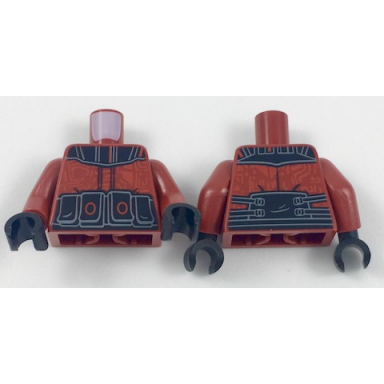 dark red torso alien armor with black shoulders and belt and red circuitry pattern dark red arms black hands