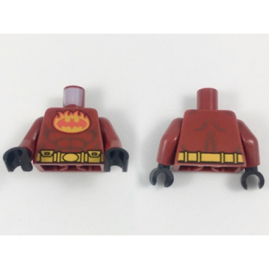 dark red torso batman red bat in bright light orange oval with flames gray muscle lines pattern dark red arms black hands