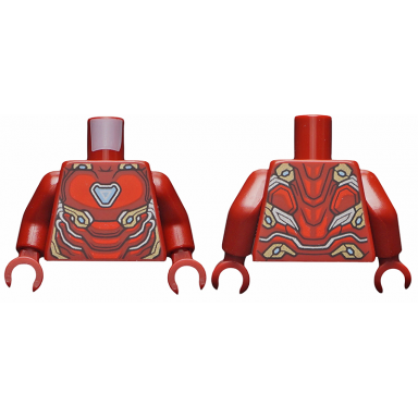 dark red torso armor with bright light blue triangle arc reactor red panels gold and silver trim pattern iron man mark 50 dark red arms dark red hands