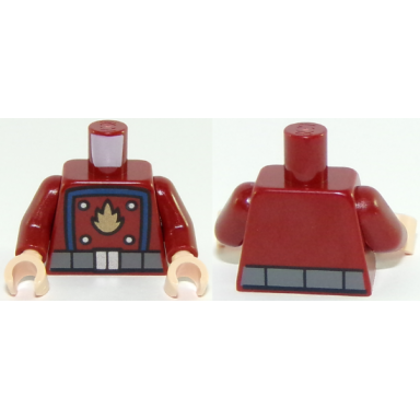 dark red torso flame logo with blue rectangle and dark bluish gray belt pattern dark red arms light nougat hands