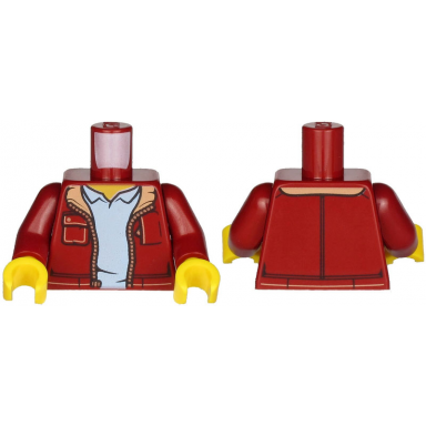 dark red torso jacket with pockets and nougat collar over bright light blue shirt pattern dark red arms yellow hands