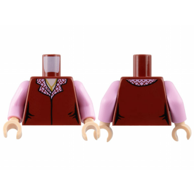 dark red torso female vest closed with bright pink collar with diamonds gold pendant necklace light nougat neck pattern bright pink arms light nougat hands