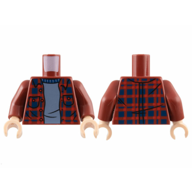 dark red torso plaid flannel shirt open with pockets and dark blue squares over sand blue sweater pattern dark red arms light nougat hands
