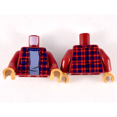 dark red torso plaid flannel shirt with dark blue stripes over light bluish gray sweater pattern dark red arms medium nougat hands
