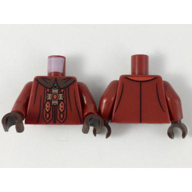 dark red torso dark brown collar gold cross with red center red and gold design pattern dark red arms dark brown hands