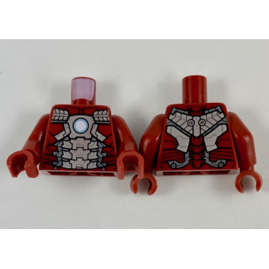dark red torso armor with metallic light blue and white circle arc reactor silver panels dark silver trim pattern iron man mark 5 dark red arms dark red hands