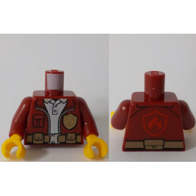 dark red torso jacket with gold fire logo badge over white polo shirt utility belt red fire logo on back pattern dark red arms yellow hands