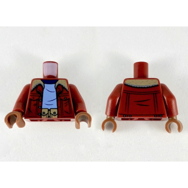 dark red torso jacket with dark tan collar bright light blue shirt and dark tan utility belt pattern dark red arms reddish brown hands
