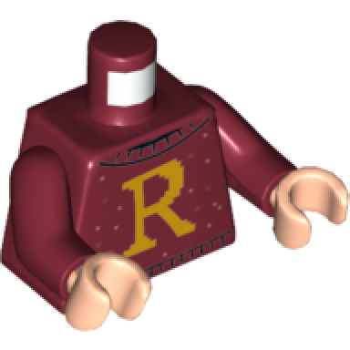 dark red torso sweater with letter r pattern dark red arms light nougat hands