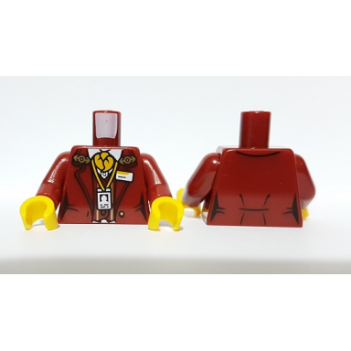 dark red torso female jacket with bright light orange neck scarf train logo name tag and id badge pattern dark red arms yellow hands