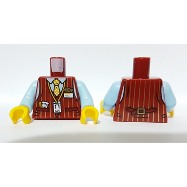 dark red torso vest with vertical stripes yellow dotted tie train logo id badge and name tag pattern bright light blue arms yellow hands
