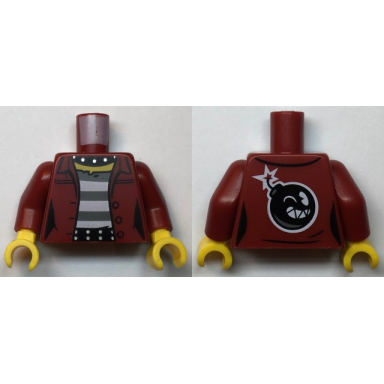 dark red torso female prisoner jacket over black and white striped undershirt bomb on back pattern dark red arms yellow hands