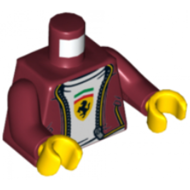 dark red torso speed champions jacket with zipper white shirt and ferrari logo pattern dark red arms yellow hands