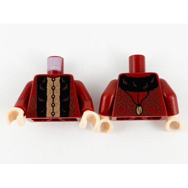 dark red torso robe with dark brown filigree black stripes copper and gold center panel pattern dark red arms light nougat hands