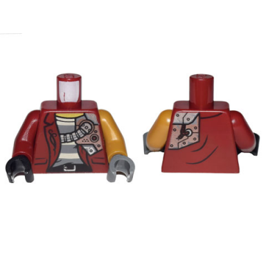 dark red torso jacket with mechanical shoulder plate armor pattern pearl gold arm left dark red arm right dark bluish gray hand left black hand right