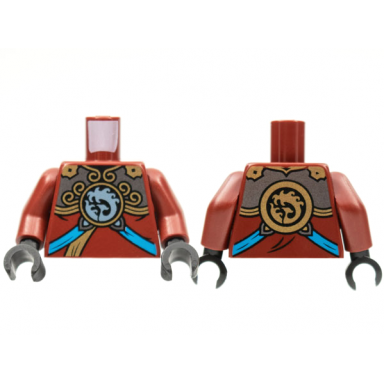 dark red torso gold and dark silver armor metallic light blue nya logo and dark azure straps pattern dark red arms black hands