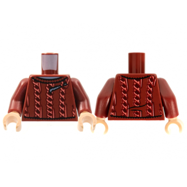 dark red torso knit cable sweater with coral pattern dark red arms light nougat hands