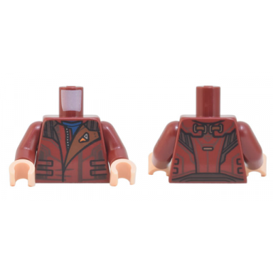 dark red torso jacket with zipper straps reddish brown panel with pin pattern dark red arms light nougat hands