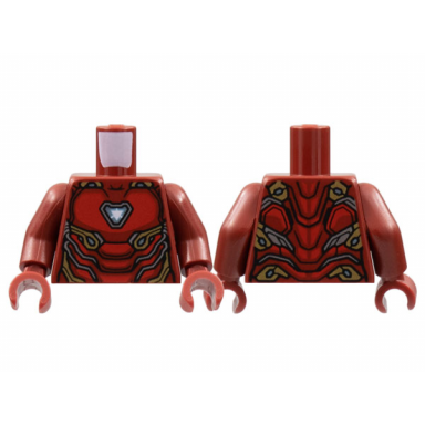 dark red torso armor with metallic light blue triangle arc reactor red panels gold and silver trim pattern iron man mark 50 dark red arms dark red hands