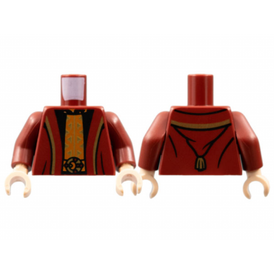 dark red torso robe with gold hems black shirt with gold and dark orange center panel pattern dark red arms light nougat hands
