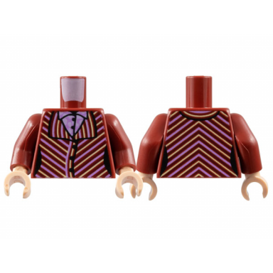 dark red torso female jacket bright pink and bright light yellow diagonal stripes shirt with white spots pattern dark red arms light nougat hands
