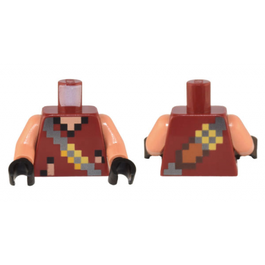 dark red torso pixelated vest with silver cross strap with yellow buckles and medium nougat and dark brown sword pattern nougat arms black hands