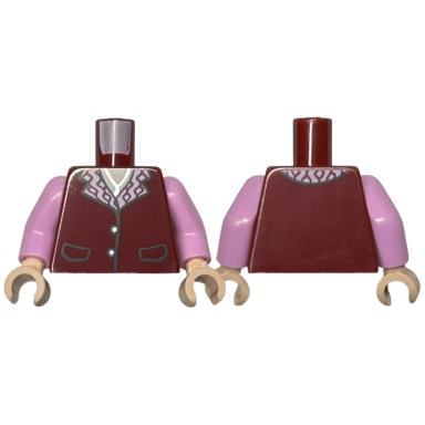 dark red torso vest closed with pockets silver buttons and bright pink collar with diamonds pendant necklace light nougat neck pattern bright pink arms light nougat hands