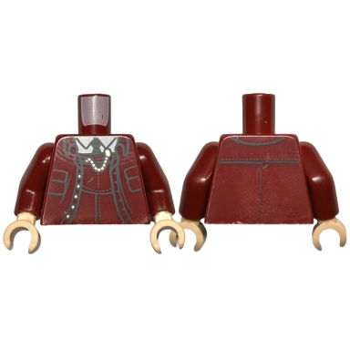 dark red torso suit jacket open with pockets and gold buttons over vest and white shirt black tie watch chain pattern dark red arms light nougat hands