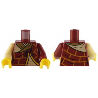 dark red torso robe with bright light orange brick lines over tan robe with gold trim pattern dark red arm left tan arm right yellow hands