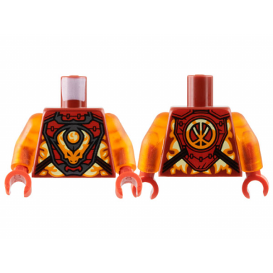 dark red torso armor breastplate orange flame dragon head and orb logogram k on back pattern trans-orange arms red hands