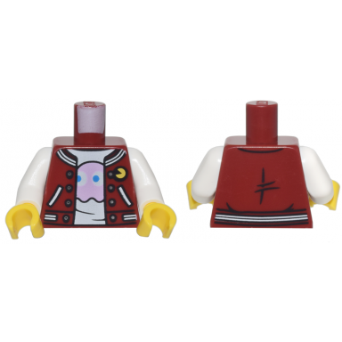 dark red torso jacket with white trim and pockets and yellow pac-man pin over white shirt with bright pink ghost pattern white arms yellow hands