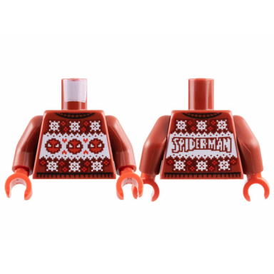 dark red torso knit fair isle holiday sweater with white snowflakes and red spider-man heads pattern dark red arms red hands