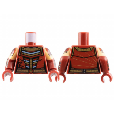 dark red torso female shirt with center panel with gold and sand blue stripes dark brown belt with circle buckle black shoulders and neck pattern dark red arms with molded medium tan short sleeves and printed dark red shoulders gold trim and straps on gauntlets pattern dark red hands