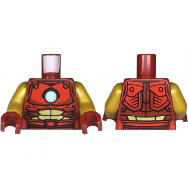 dark red torso armor white and metallic light blue circle arc reactor red and gold plates trim and belt pattern pearl gold arms dark red hands