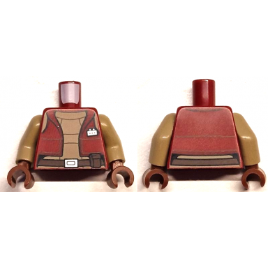 dark red torso female sw vest open with badge over dark tan shirt dark brown belt with pouch and silver buckle pattern dark tan arms reddish brown hands
