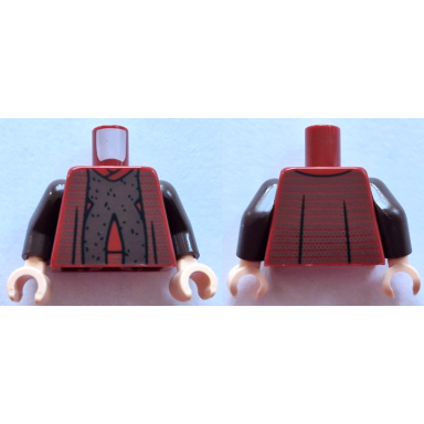 dark red torso sw robe open with dark brown dots over double vertical sash with black speckles pattern dark brown arms light nougat hands