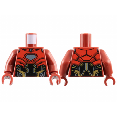 dark red torso armor large silver pentagon arc reactor red plates black midriff gold trim dark bluish gray dots pattern dark red arms dark red hands