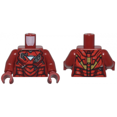 dark red torso armor with metallic light blue and white triangle arc reactor red panels damaged gold trim on back pattern iron man mark 6 dark red arms dark red hands