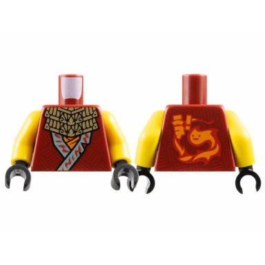 dark red torso ninja robe with sand blue hems and red lines over orange shirt dark tan ornate necklace ninjago logogram wf! and flame with face logo on back pattern yellow arms black hands