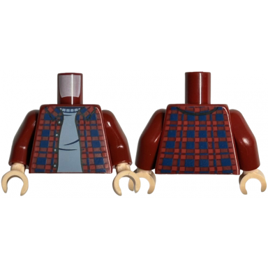 dark red torso plaid flannel shirt open with dark blue squares over sand blue sweater pattern dark red arms light nougat hands